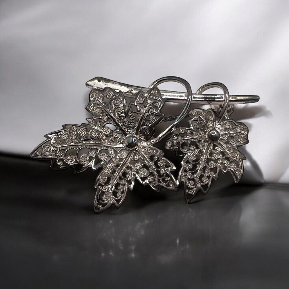 Vintage Sterling Silver 925 'Foreign Sterling' Signed Filigree Leaf  Brooch Pin‎